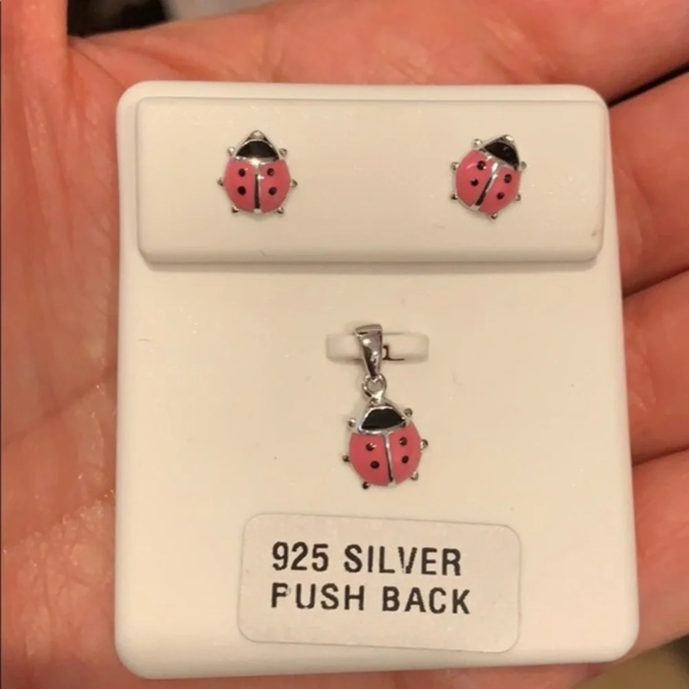 New 3pc set pink lady bug Earrings & Pendant